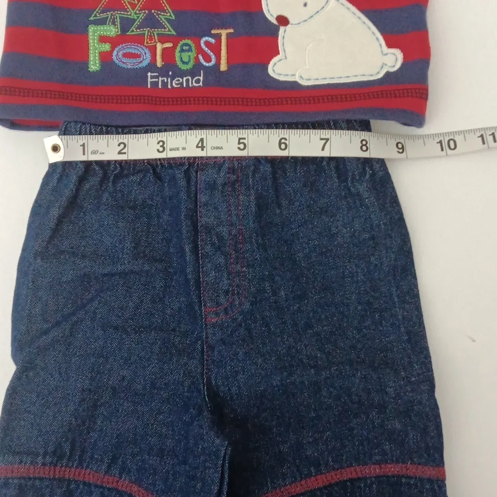 Okie Dokie Striped Red & Blue Boy Baby Outfit Size 6-9 Months Bear Patch 2 Piece - Picture 11 of 12